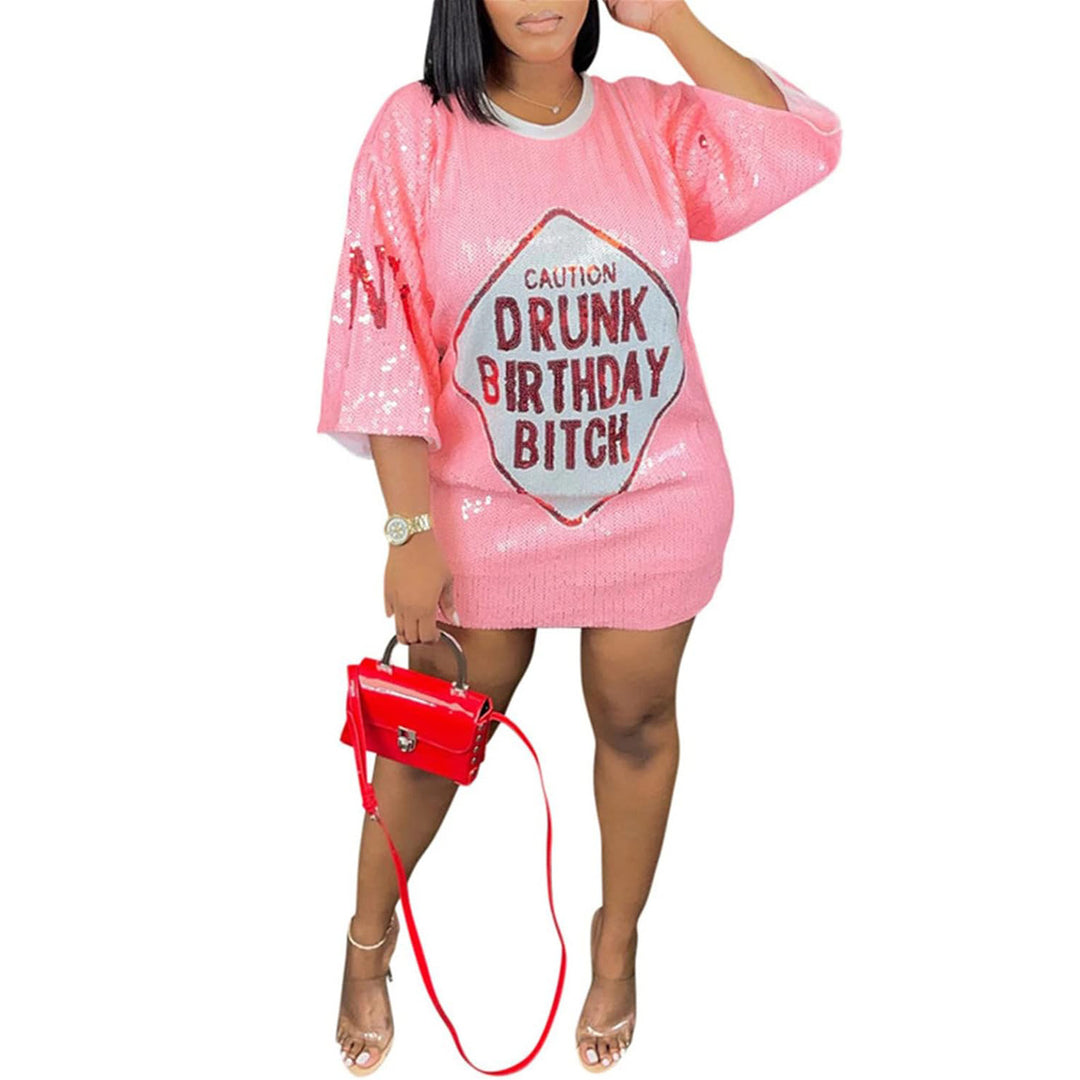 Sparkling Black T-Shirt Skirt Dress with Pink Motifs – Embroidery Shine for Night Out