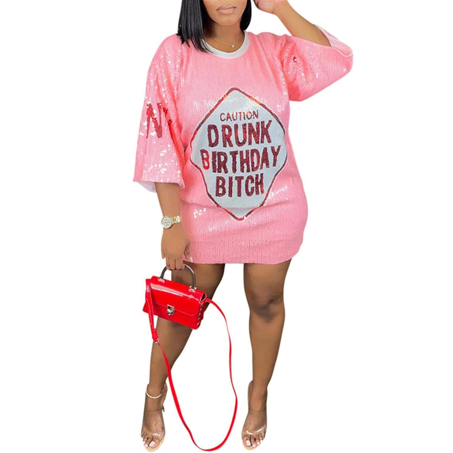 Sparkling Black T-Shirt Skirt Dress with Pink Motifs – Embroidery Shine for Night Out