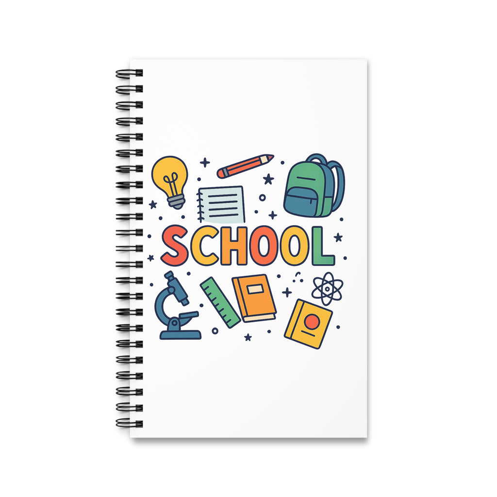 Colorful spiral journal with pen and notebook stack

