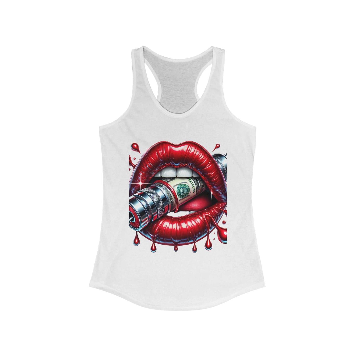 White racerback tank top with bold red lips graphic