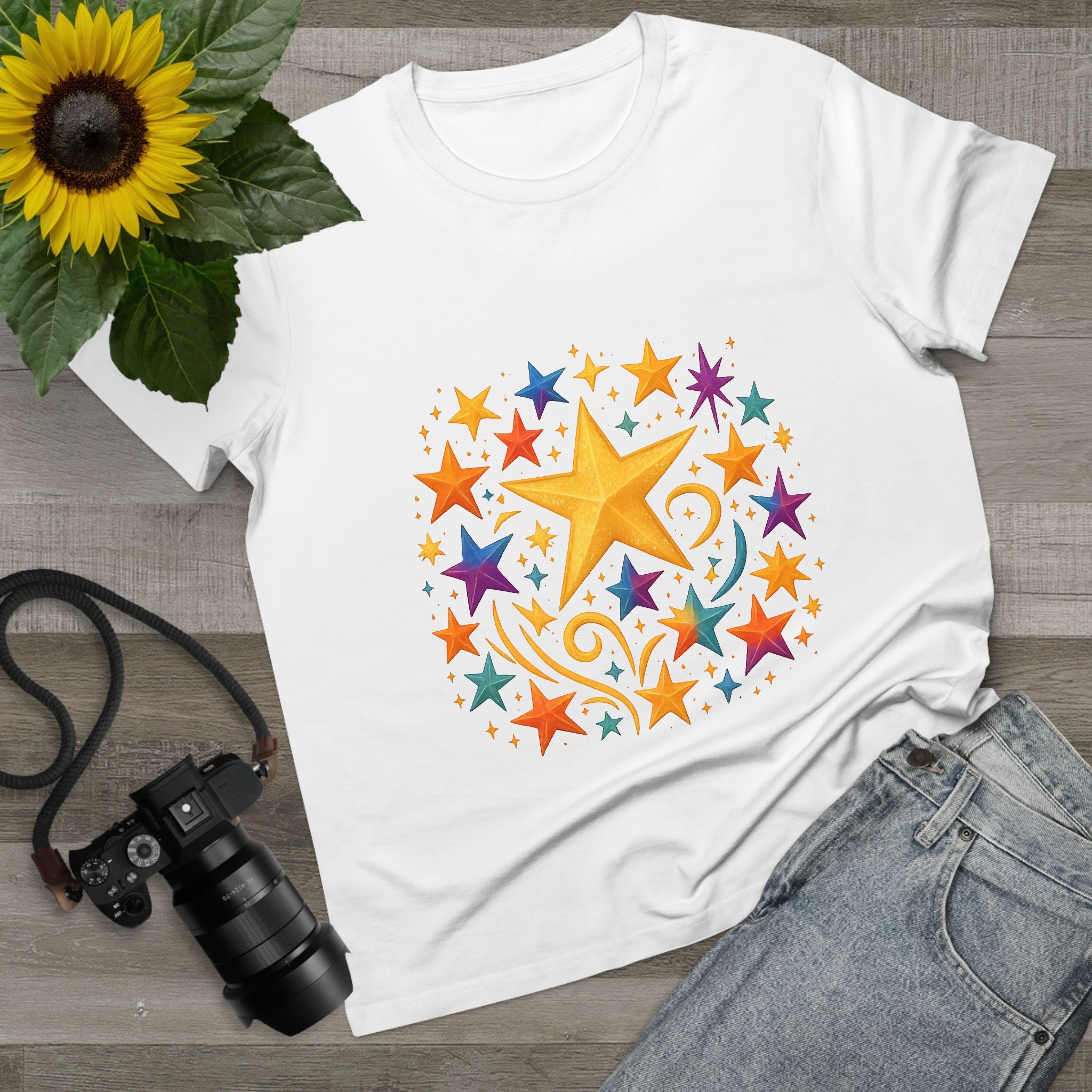 Star design tee paired with leggings for weekend comfort

