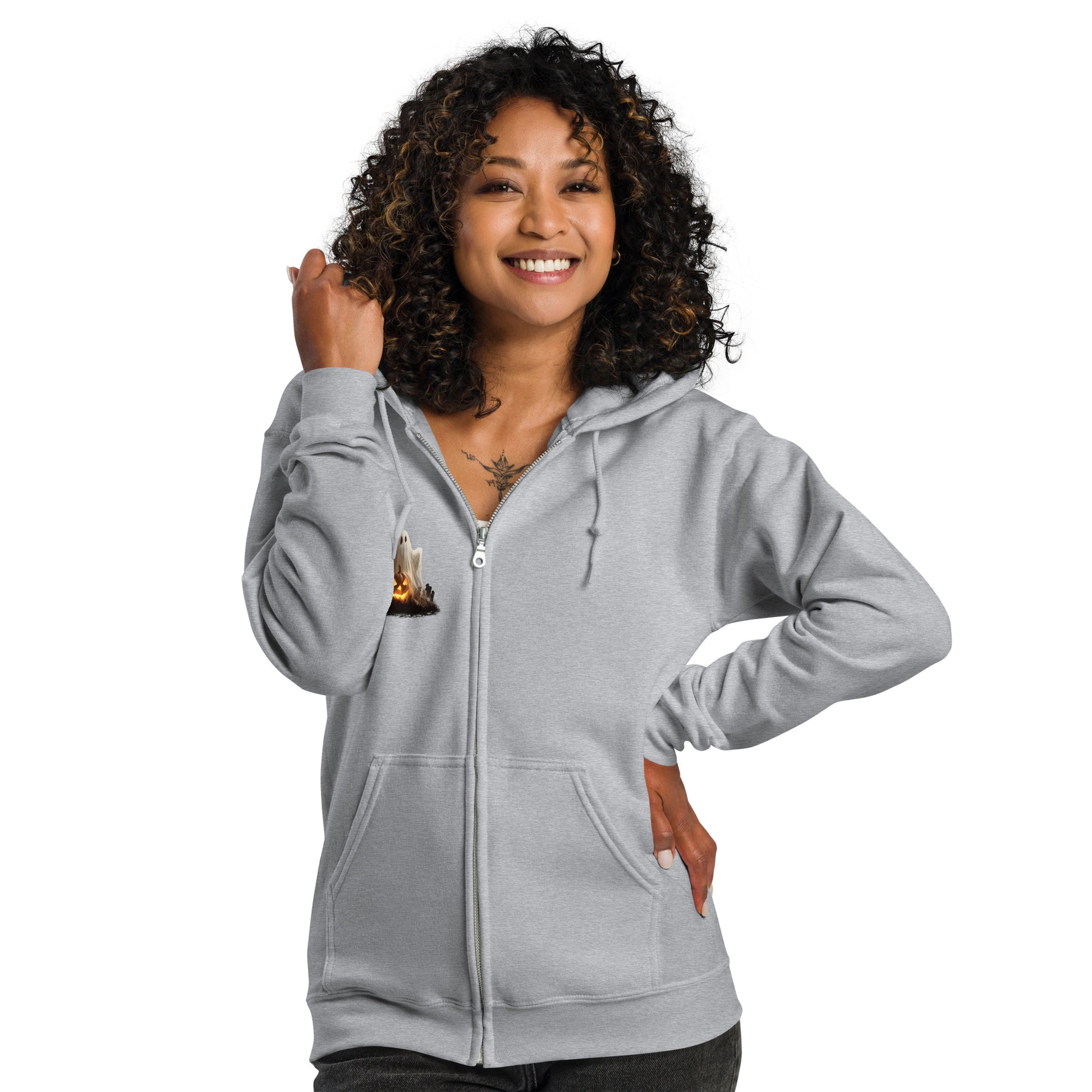 Stay warm in this spooky ghost & pumpkin zip hoodie. Unisex fit, soft fleece, and sturdy zipper for fall comfort.

