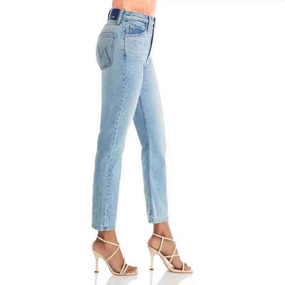 High-Waist Embroidered Cropped Denim Pants – Light Blue