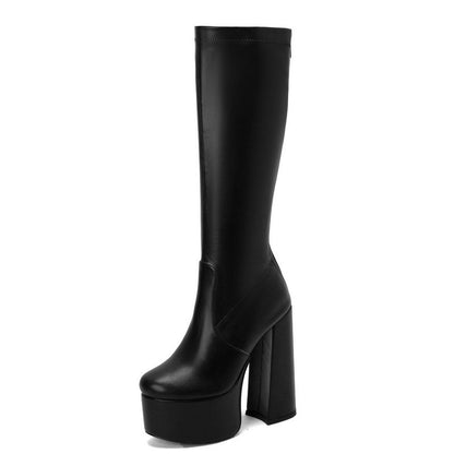 Stretchy Women's Waterproof Stretch Platform Boots with Chunky Stout Heels