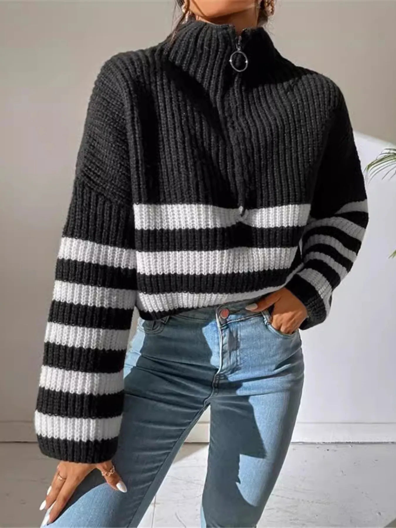 Striped Half Zip Cropped Sweater – Front View on Model, Rib-Knit Comfort
