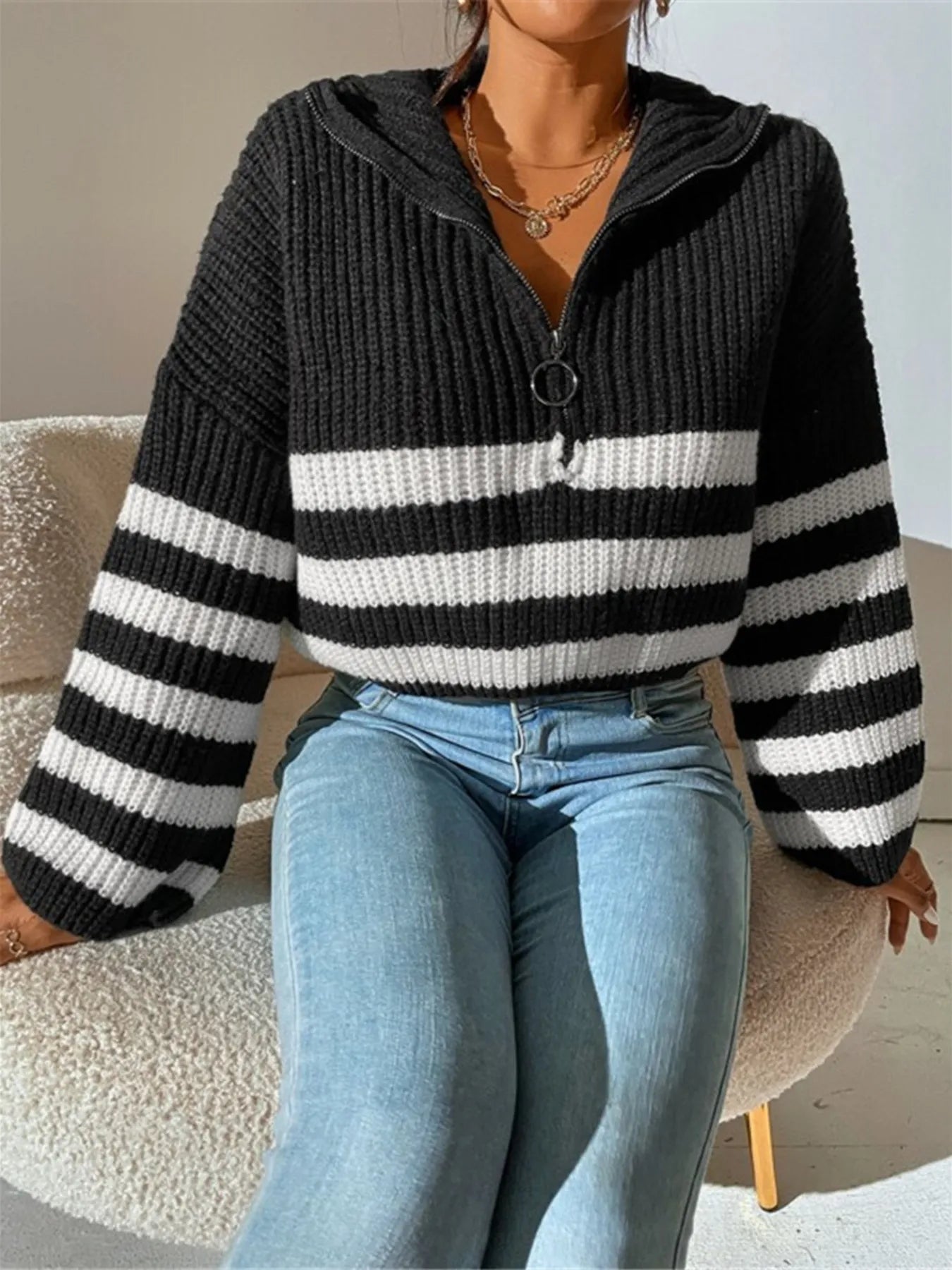 Striped Half Zip Cropped Sweater – Soft Rib Knit Texture Close-Up