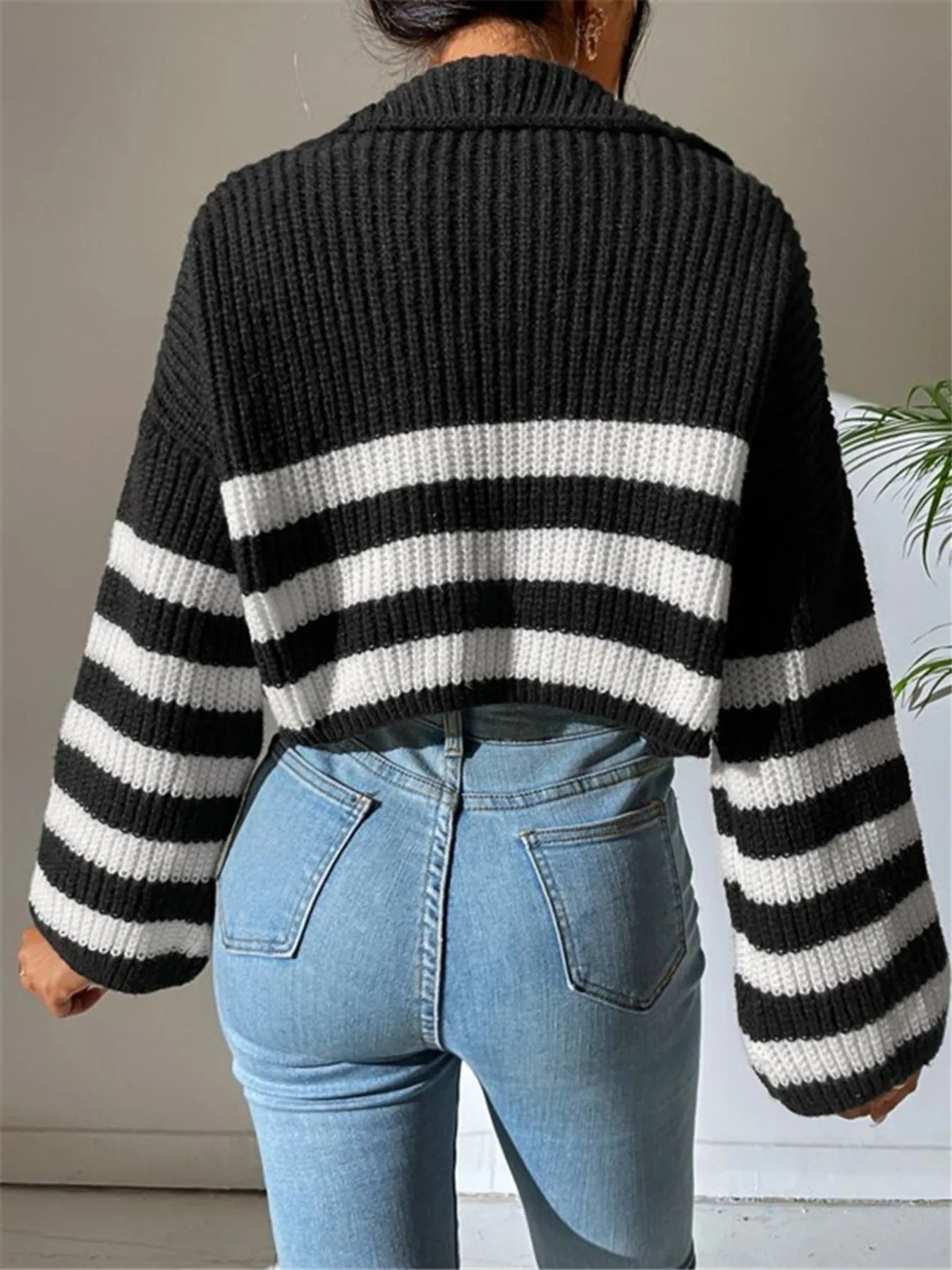 Striped Half Zip Cropped Sweater – Zip Collar Detail, Polished Quarter-Zip Look