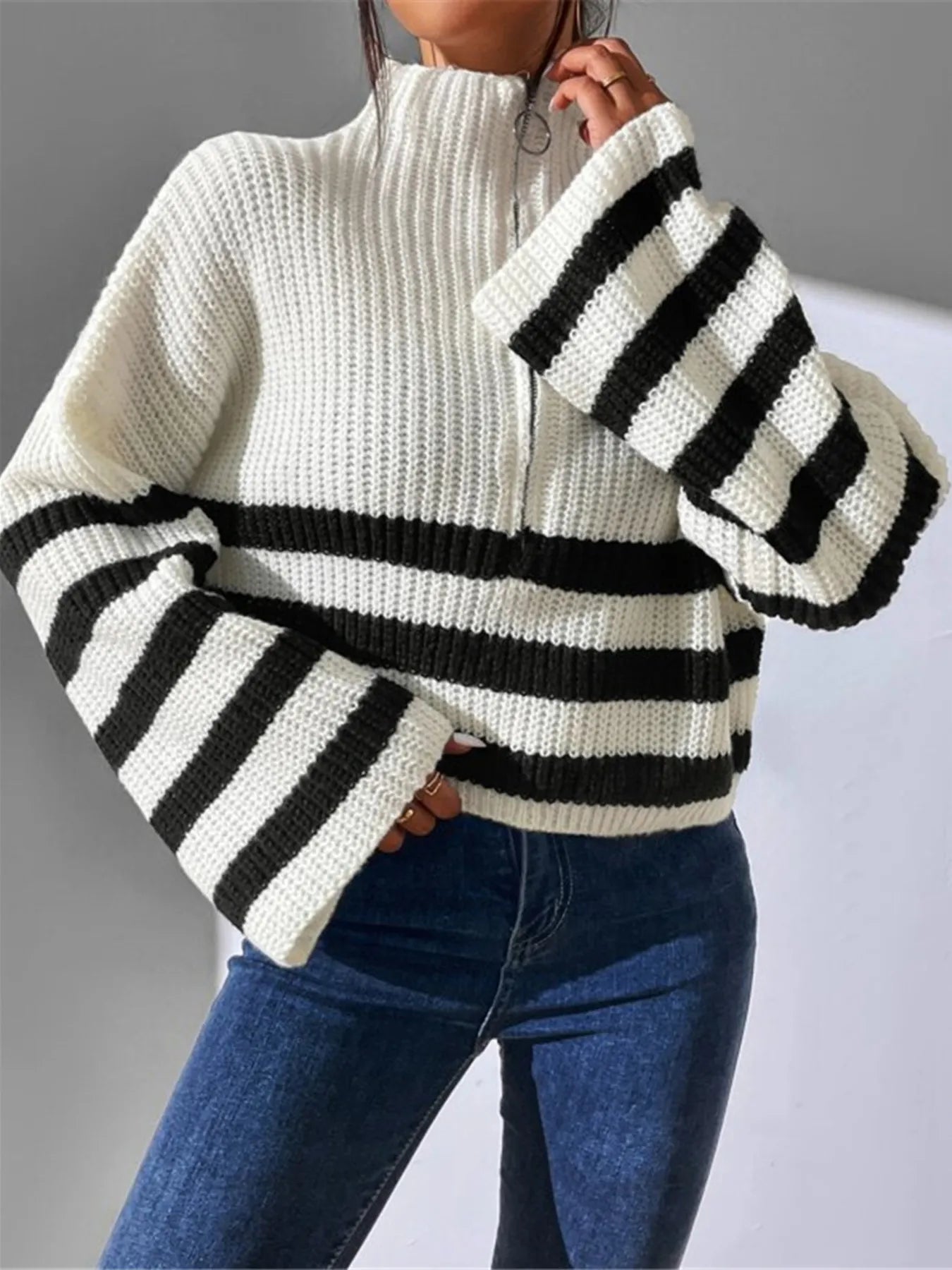 Striped half zip cropped sweater – easy layering with denim