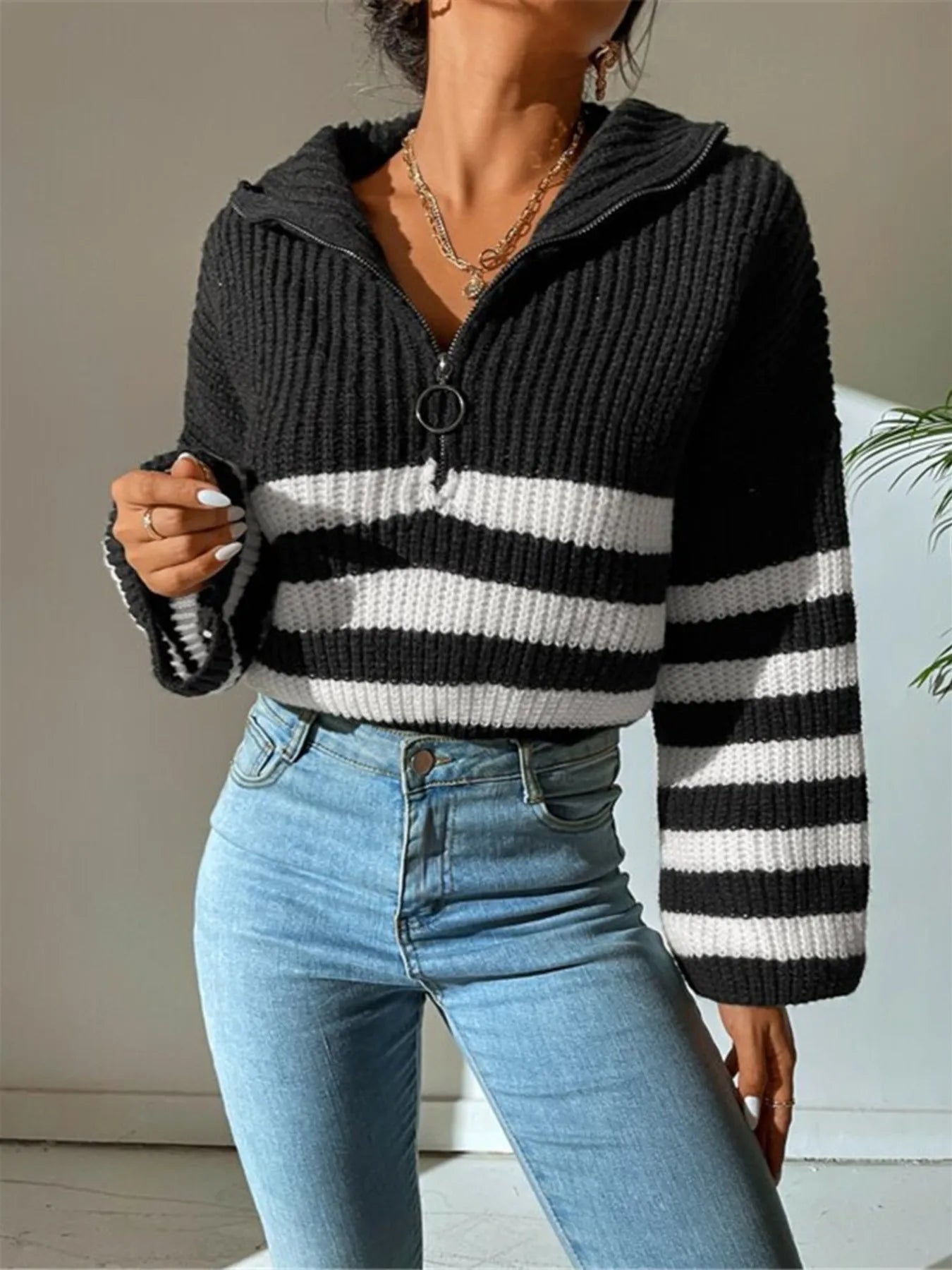 Striped half zip cropped sweater – machine-washable care tag
