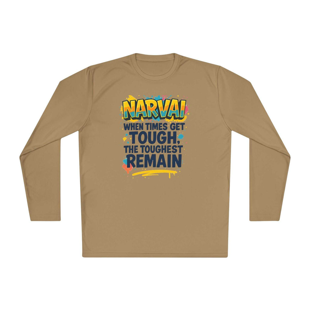Tan long sleeve tee with colorful motivational text
