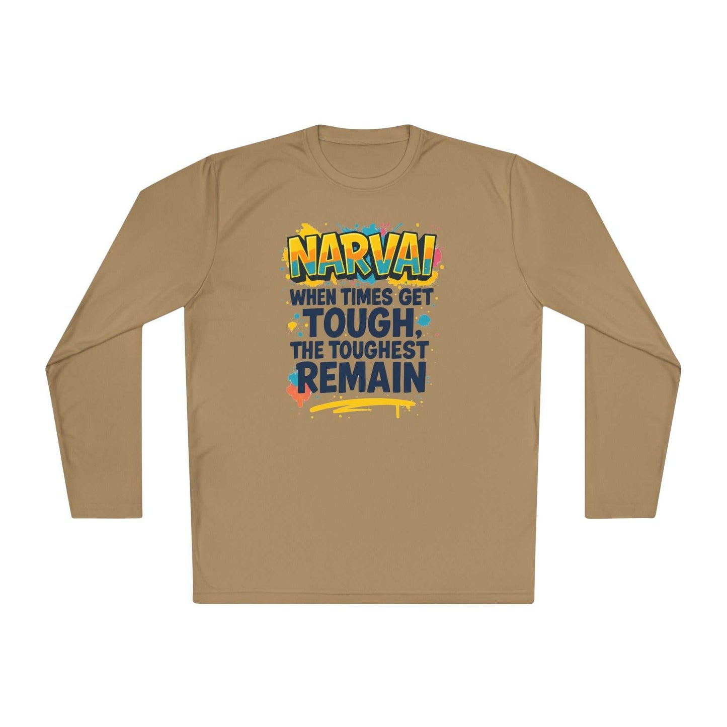 Tan long sleeve tee with colorful motivational text