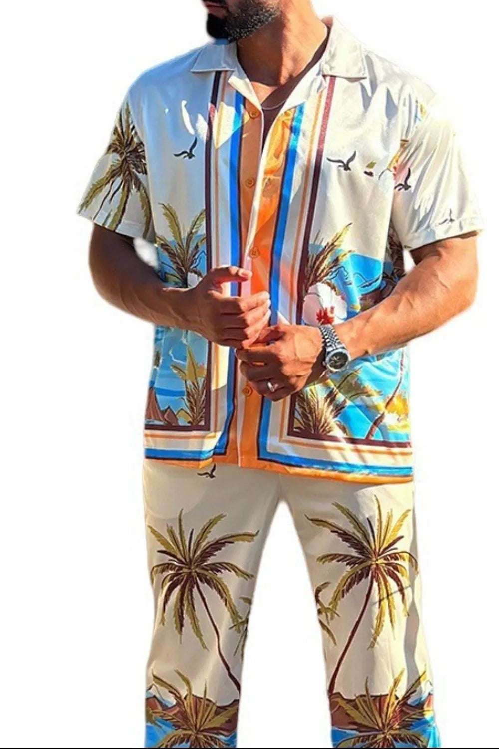 Men's full size print set with short sleeve top and pants

