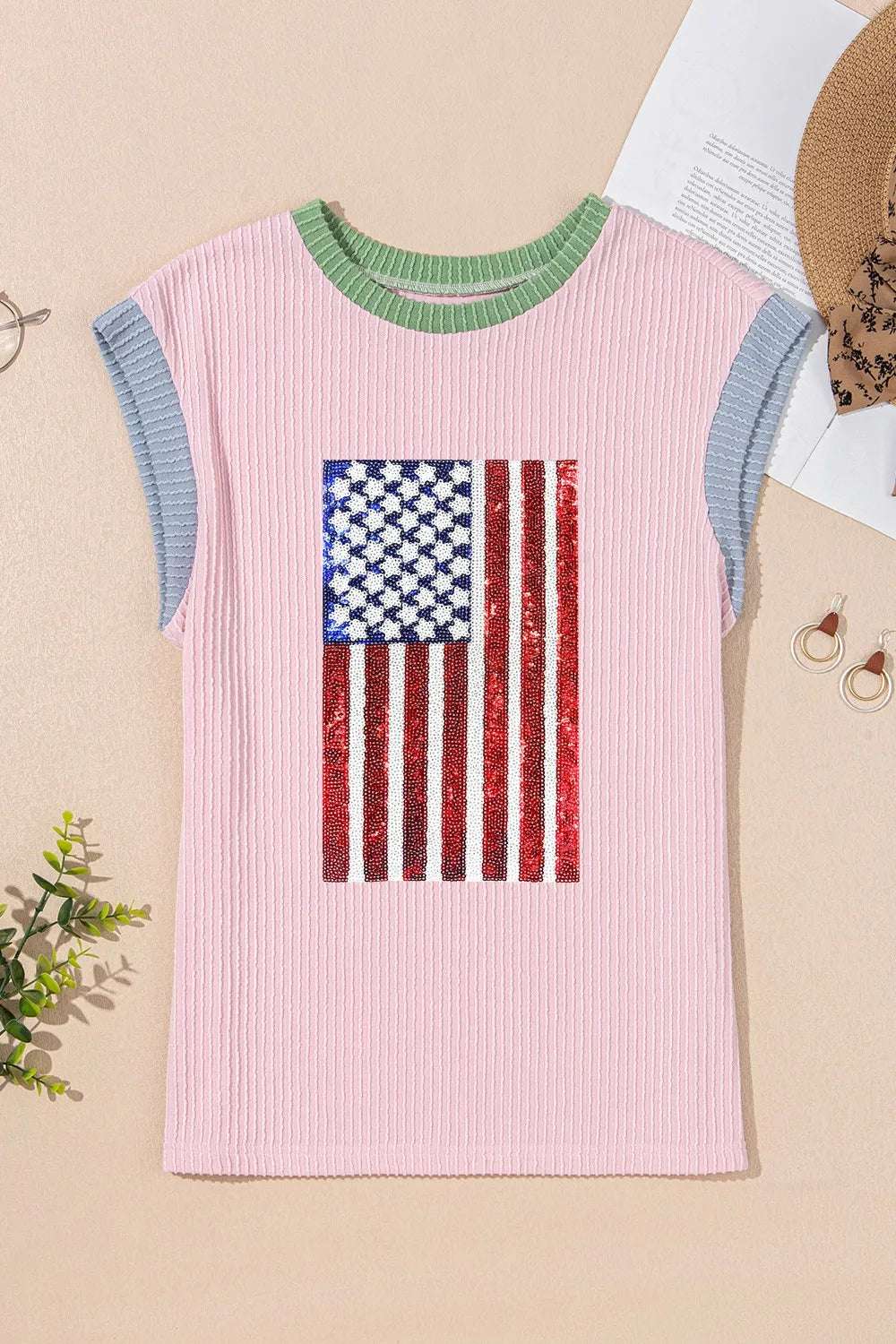 Casual American sequin flag t-shirt featuring ribbed detailing and festive shimmer

