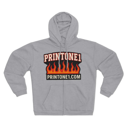 Gray unisex zip hoodie with flame print and kangaroo pocket