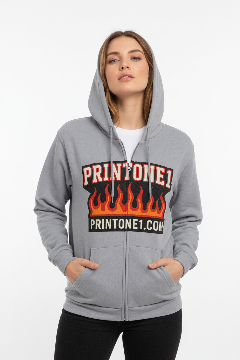 Person wearing a gray hoodie with Printone logo on a white background