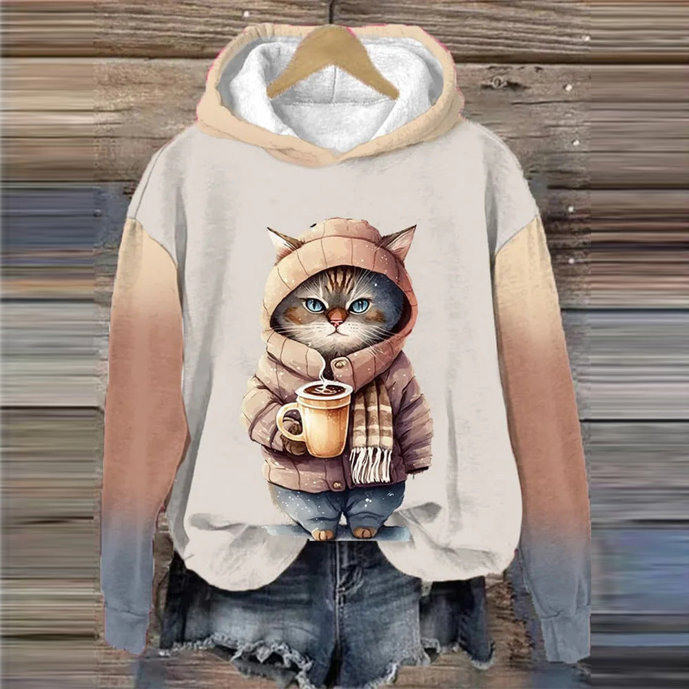 Stylish 3D cat hoodie on model walking in urban street setting

