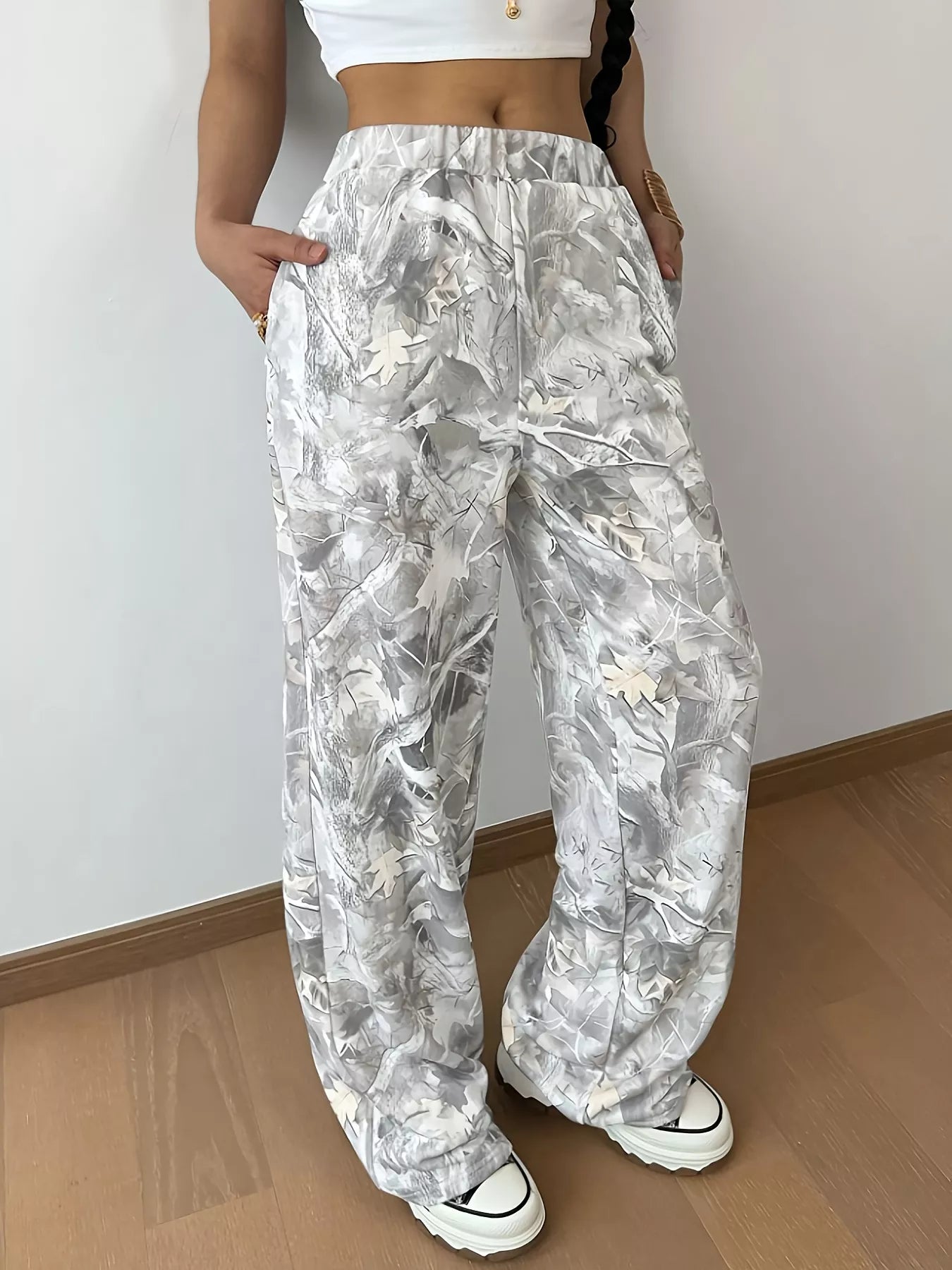 Stylish Abstract Print Wide Leg Women's Pants – 100% Polyester Comfort in Sizes S-2XL