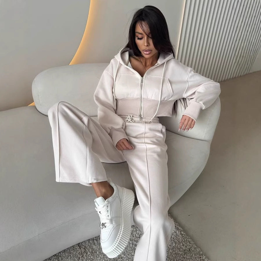 Stylish Cinched Hoodie Set in Gray Green – Zipper Accents for Effortless Chic