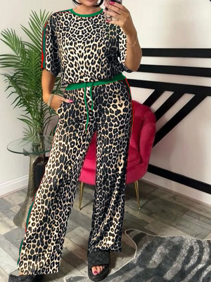 Stylish Leopard Two-Piece Outfit: Comfortable Polyester Blend Top and Pants Set