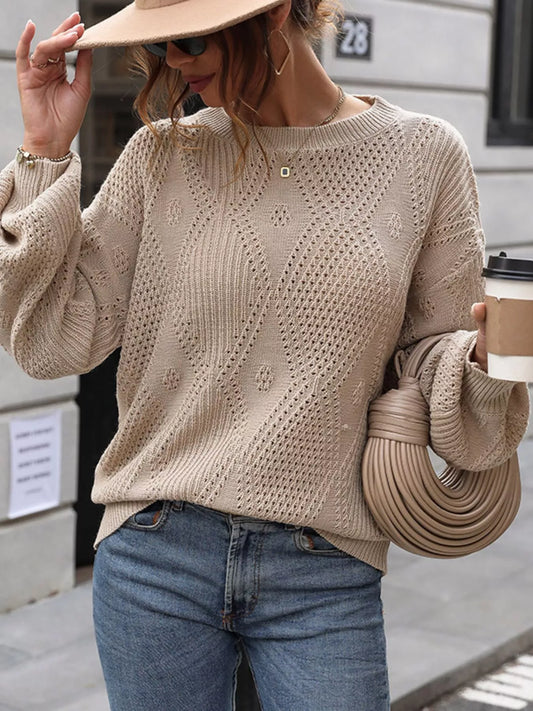 Stylish Openwork Dropped Shoulder Sweater – Slightly Stretchy Fit for Everyday Comfort