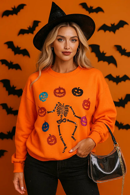 Stylish Skeleton Pumpkin Women’s Sweatshirt – Sequin Detail Design
