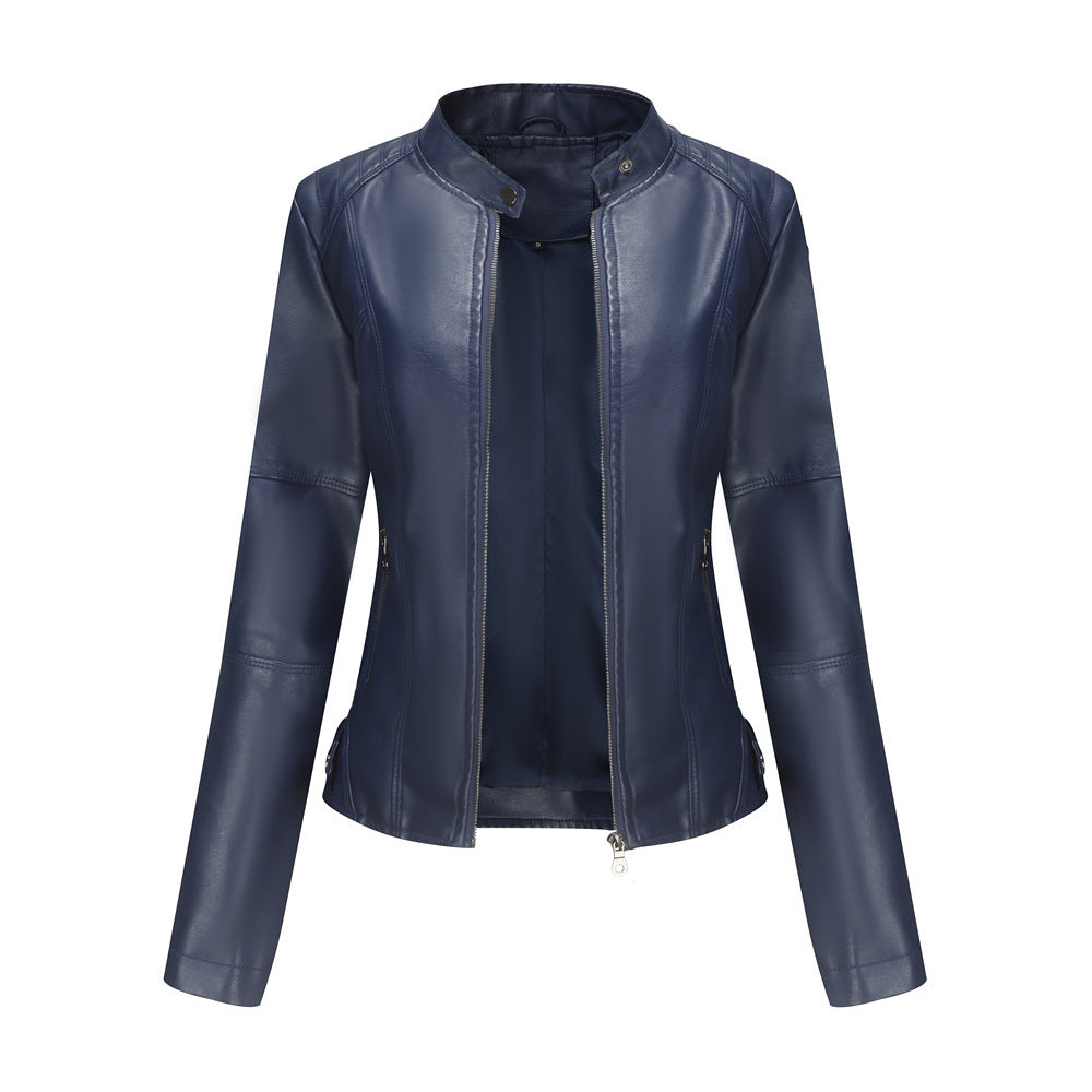 Stylish brown PU leather jacket for women shown with zip details and urban styling

