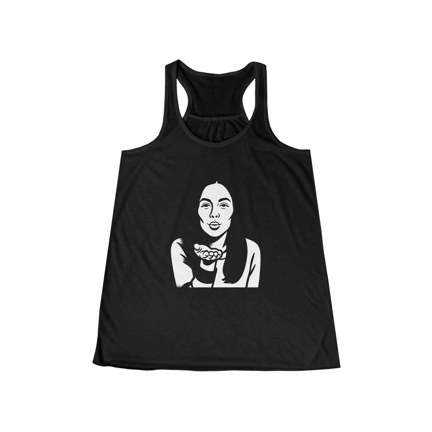 Black women's flowy racerback tank with face print