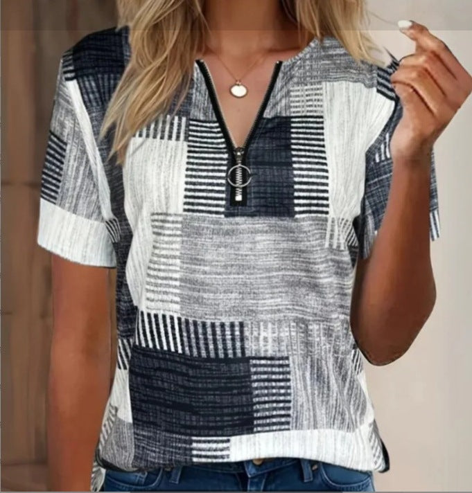 Casual plus size t-shirt for women featuring zipper and loose fit design

