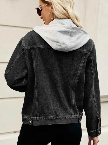 Woman’s Drawstring Hooded Button-Up Denim Jacket