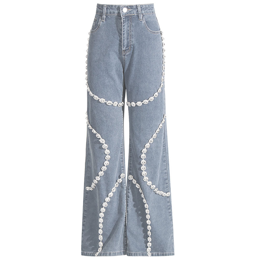 Subtle Sparkle: Women's Light Blue Diamond Stitching Straight Jeans Close-Up