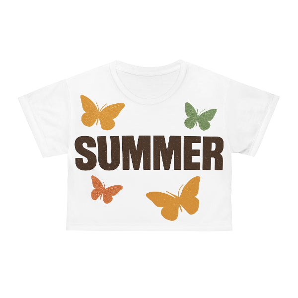 Stylish festival crop top with butterfly and typography print

