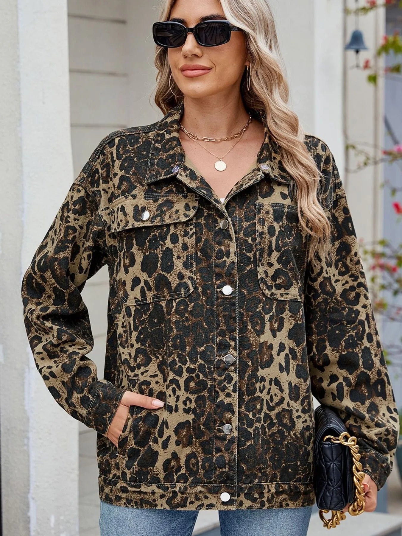 Sunset shot accentuating the warm leopard pattern on denim fabric.

