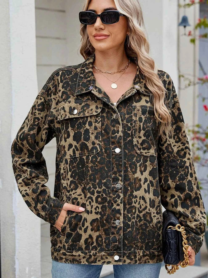 Leopard Print Oversized Denim Jacket for Women