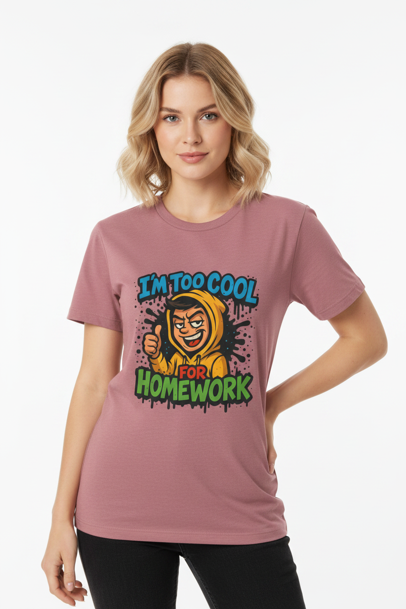 Front view of eco-friendly scoop neck tee with student graphic on a clean white background