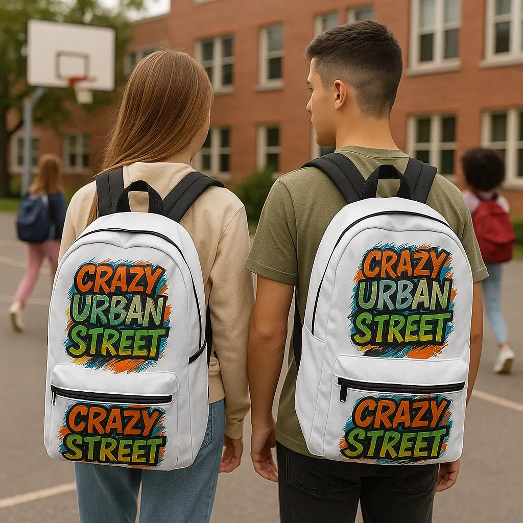 Teen wearing urban street backpack in city setting

