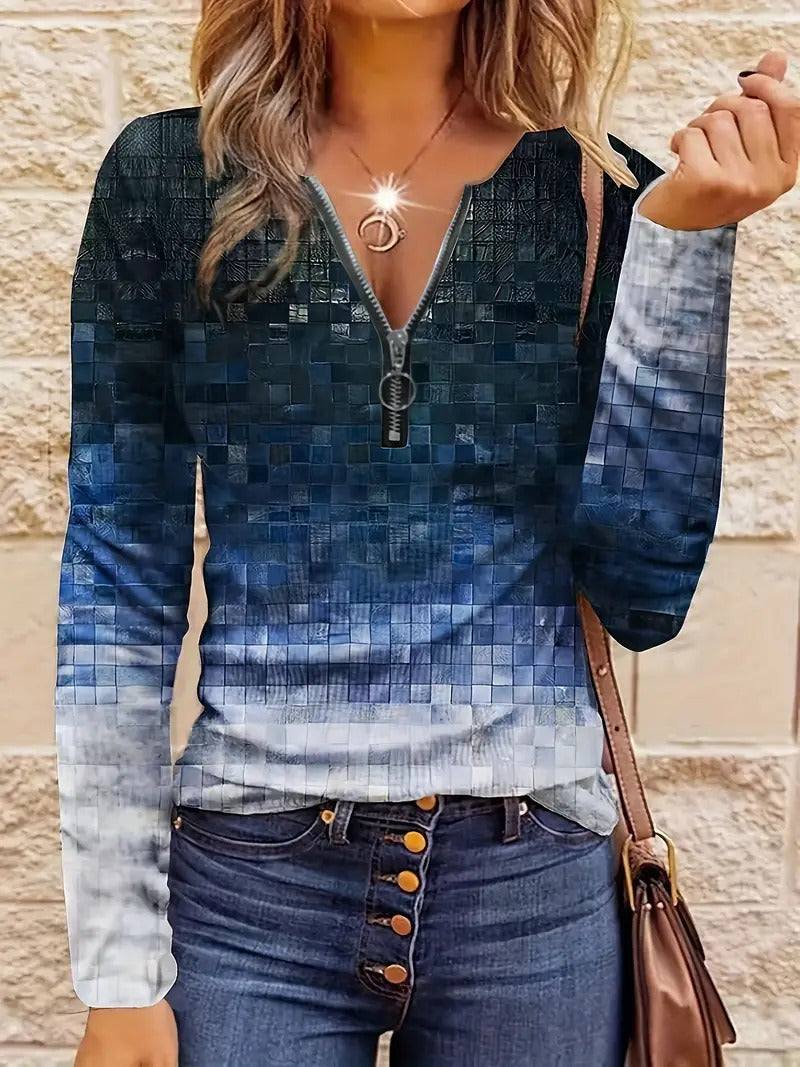 Temperament_commute_style_top_with_bold_3D_pattern_effect.
