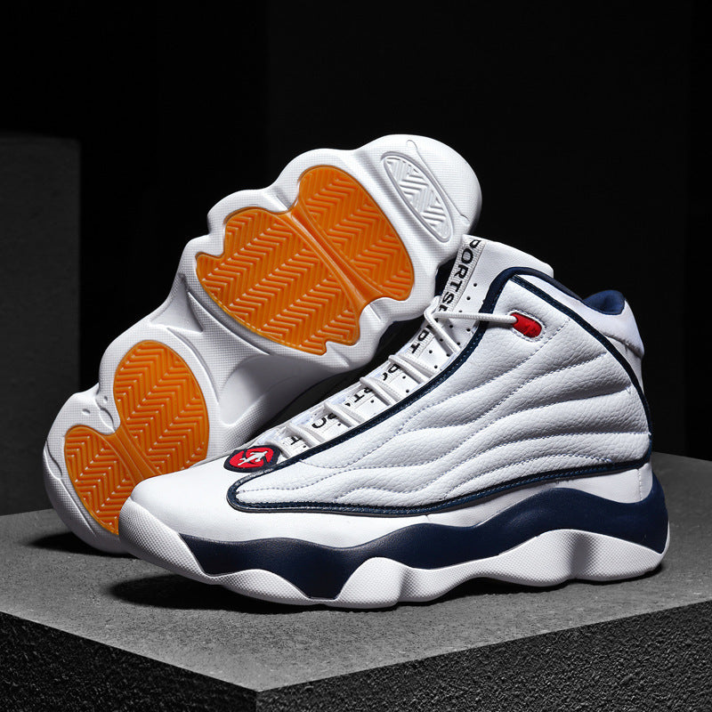 The complete three-color collection of our men's high-top basketball shoes: white/red, white/blue, and black/light blue.

