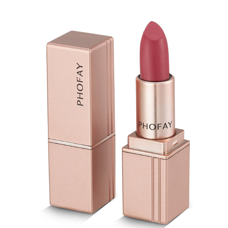The elegant packaging of the Phofay Matte Lipstick collection, a perfect addition to any makeup bag for a touch of waterproof, smudge-proof luxury.

