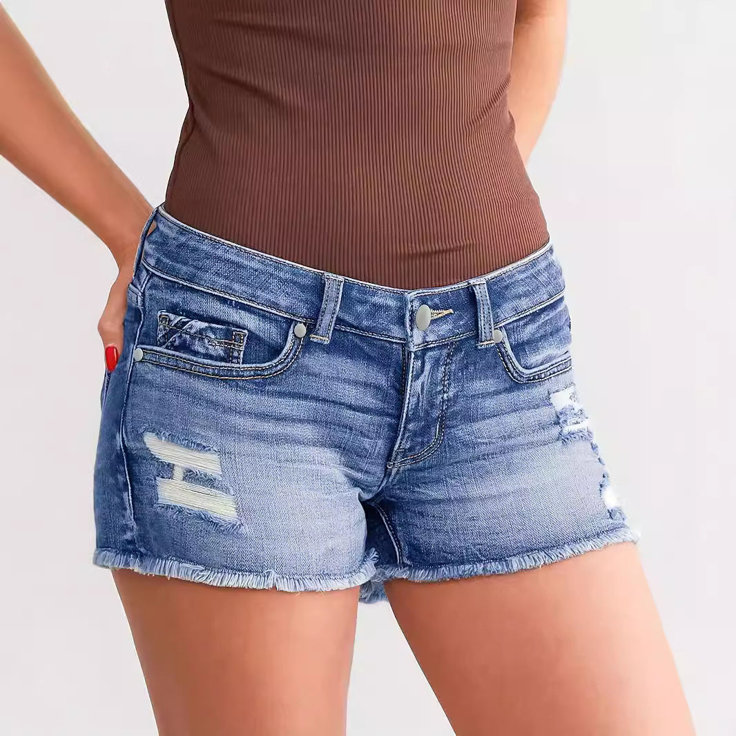 Tight Fit Cotton Denim Shorts with Ripped Styling

