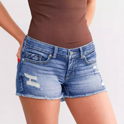 Tight Fit Cotton Denim Shorts with Ripped Styling

