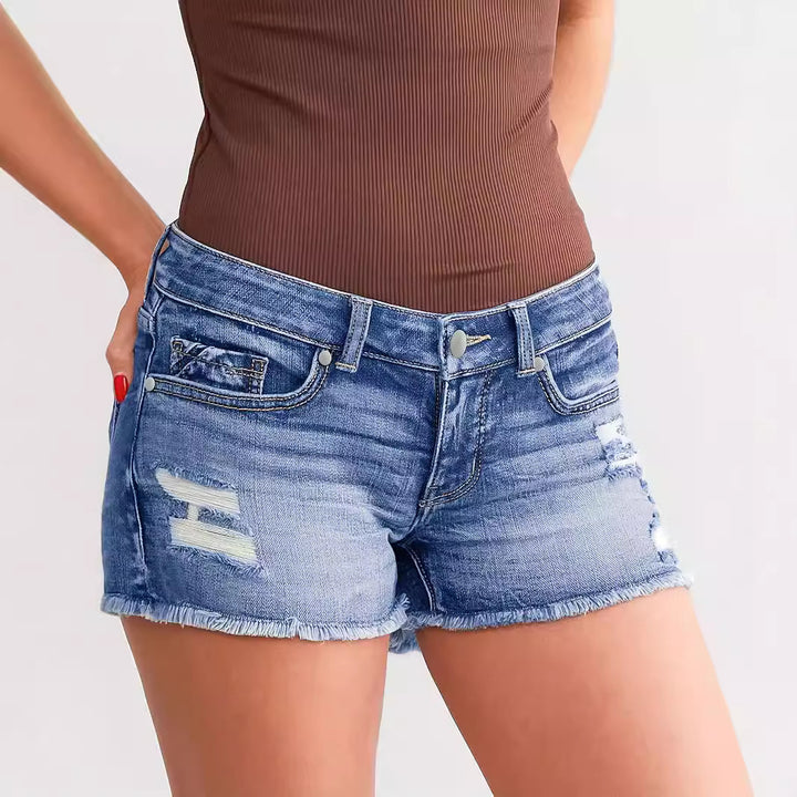 Tight Fit Cotton Denim Shorts with Ripped Styling

