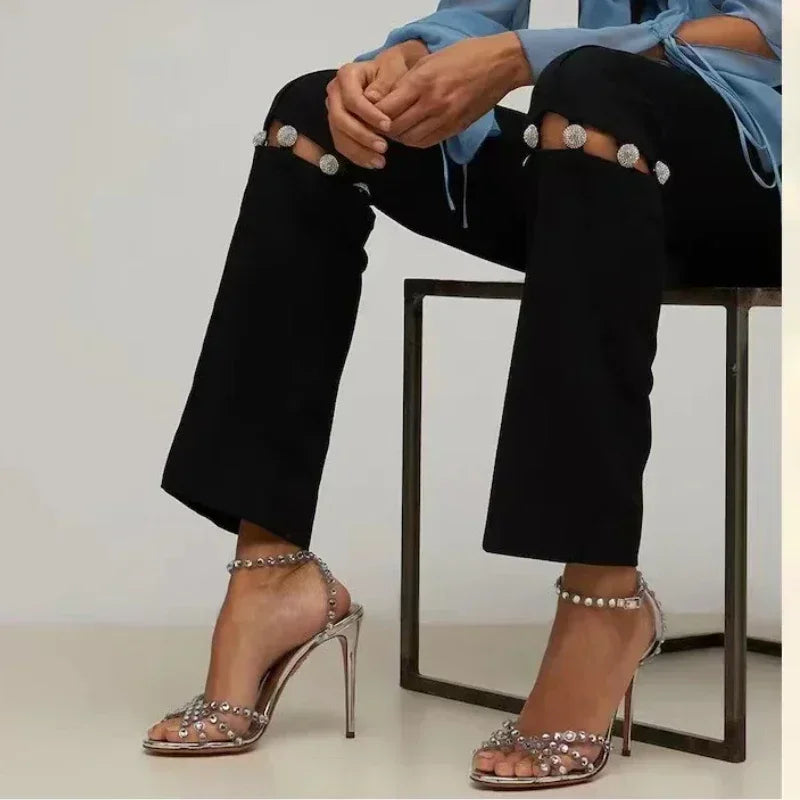 Top view – jeweled toe straps on silver rhinestone heels