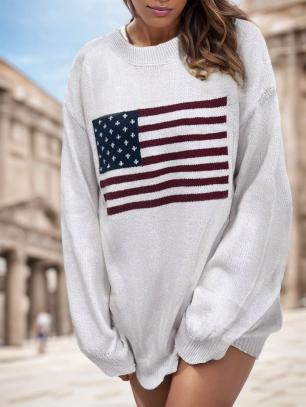 Trendy Women’s USA Flag Sweater – Drop Shoulder Comfort

