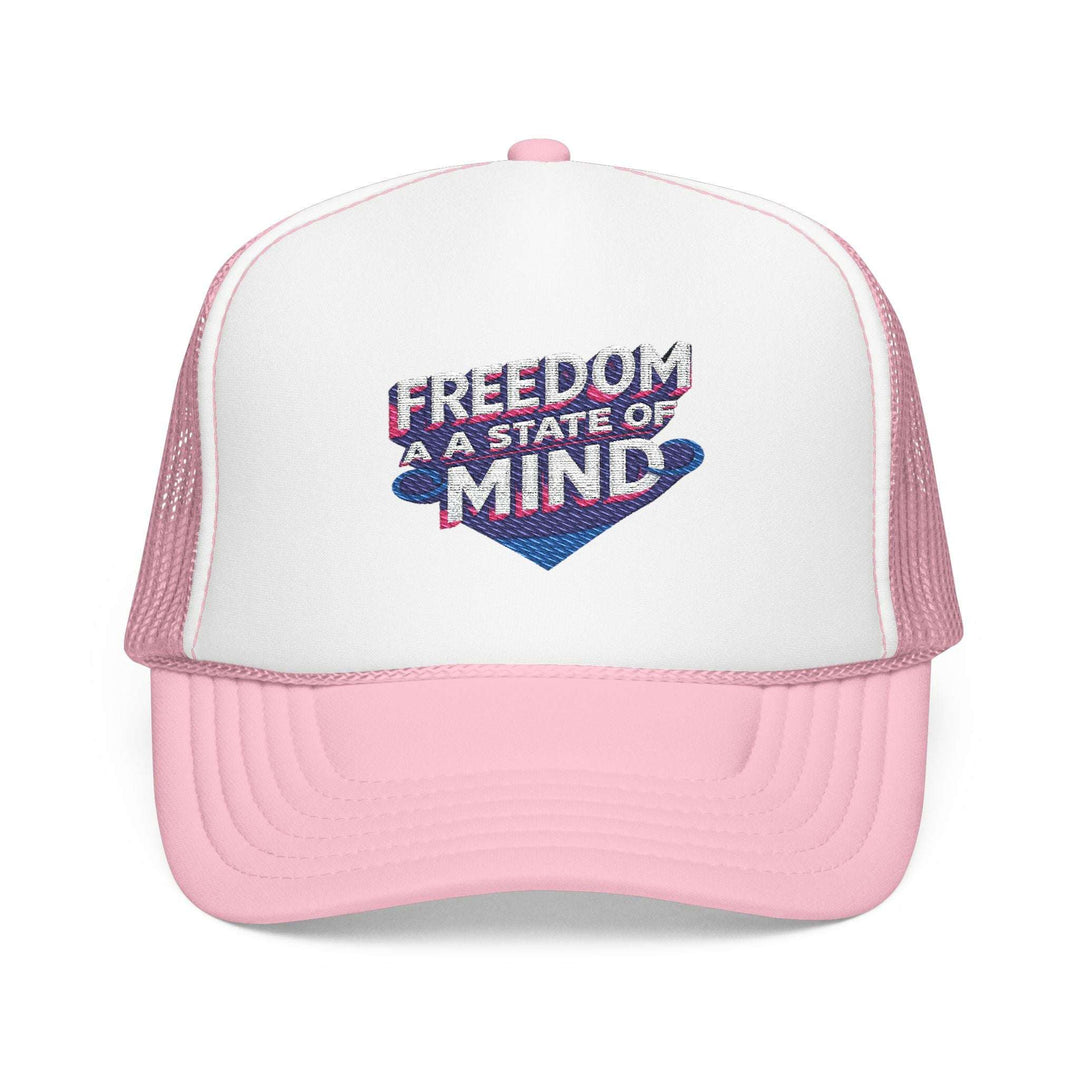 Pink and white foam trucker hat with freedom text