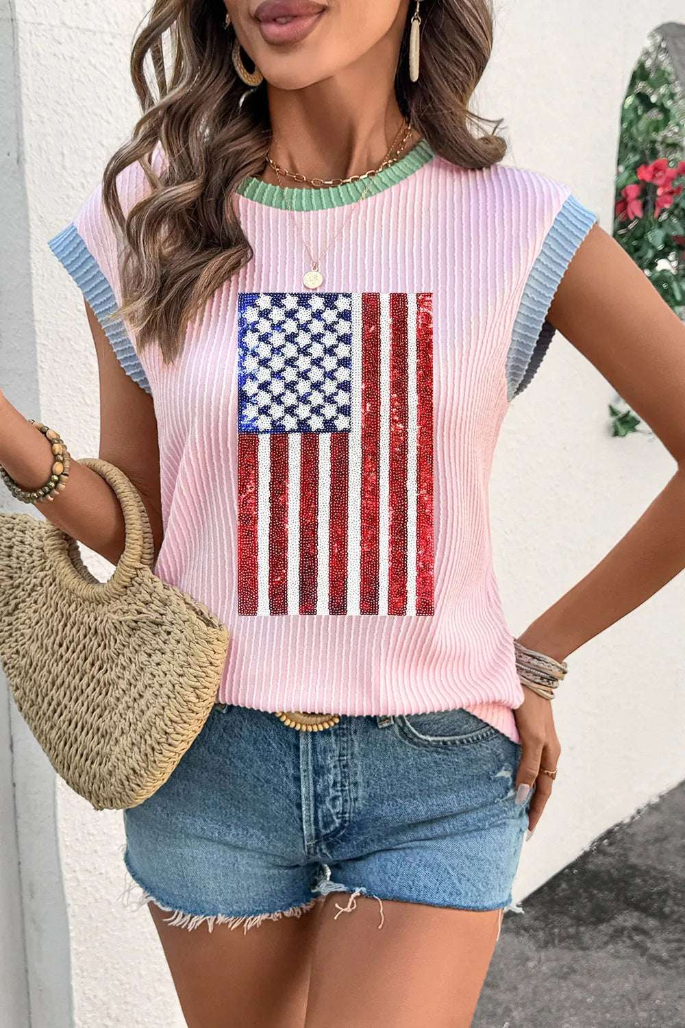 Soft and stretchy ribbed flag tee for women with colorblock accents and festive appeal


