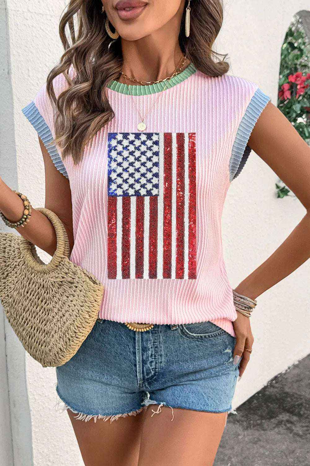 Sequin American Flag Tee for Women – Shine with Style