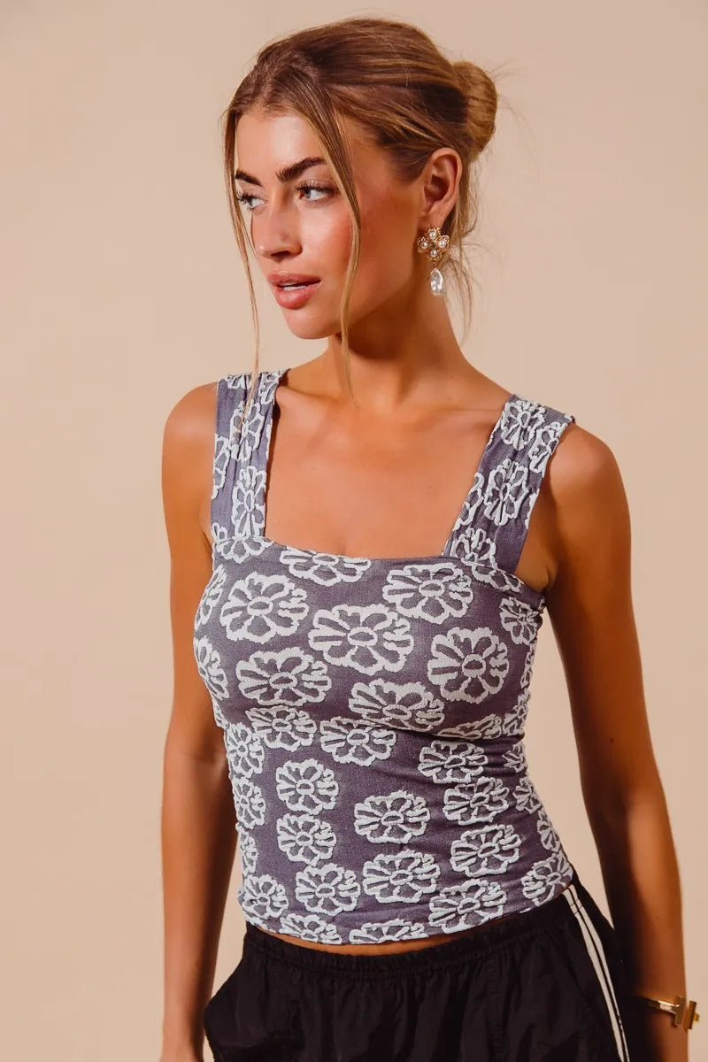 “Two Tone Floral Seamless Tank Top flat lay showing adjustable straps and square neckline”

