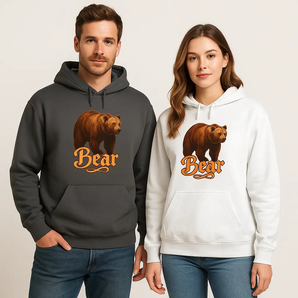 Two models in Bear Graphic Hoodie, Unisex Sweatshirt pairing cozy warmth with casual style


