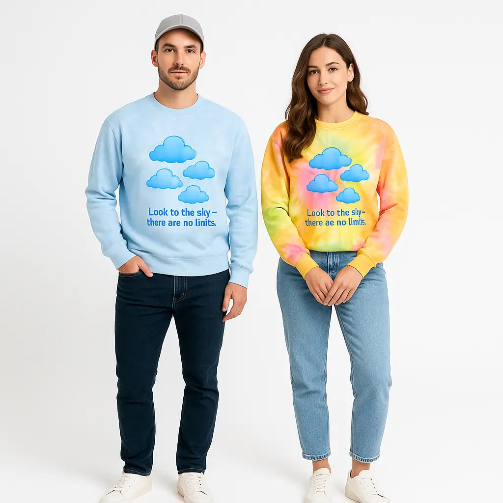 Two models wearing unisex cloud-patterned tie-dye sweatshirts, posed frontally on a plain white background.

