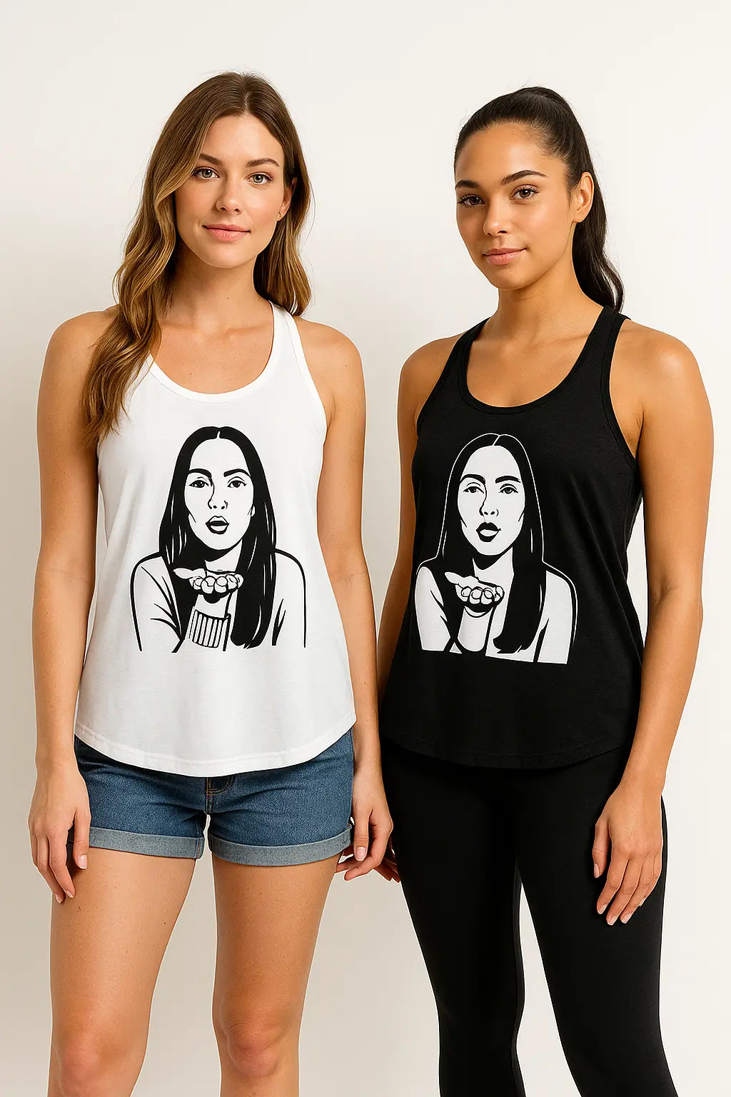 Two models wearing white and black flowy racerback tank tops with kiss graphic print.

